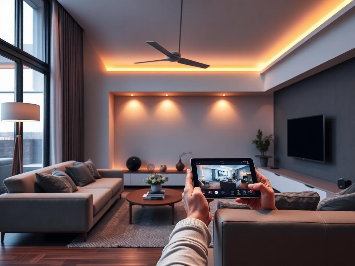 Sala de estar moderna com controle de automação por tablet