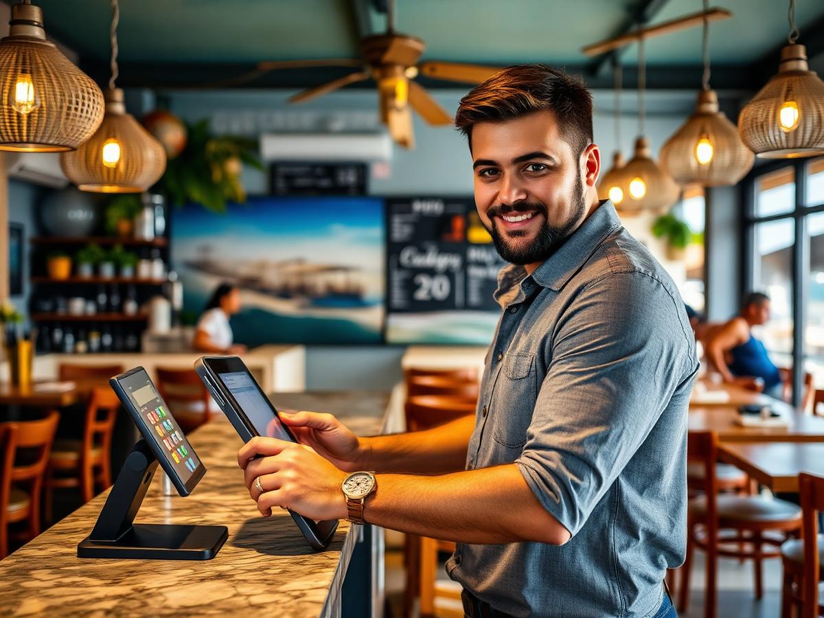 Comerciante operando sistema de PDV em restaurante litorâneo