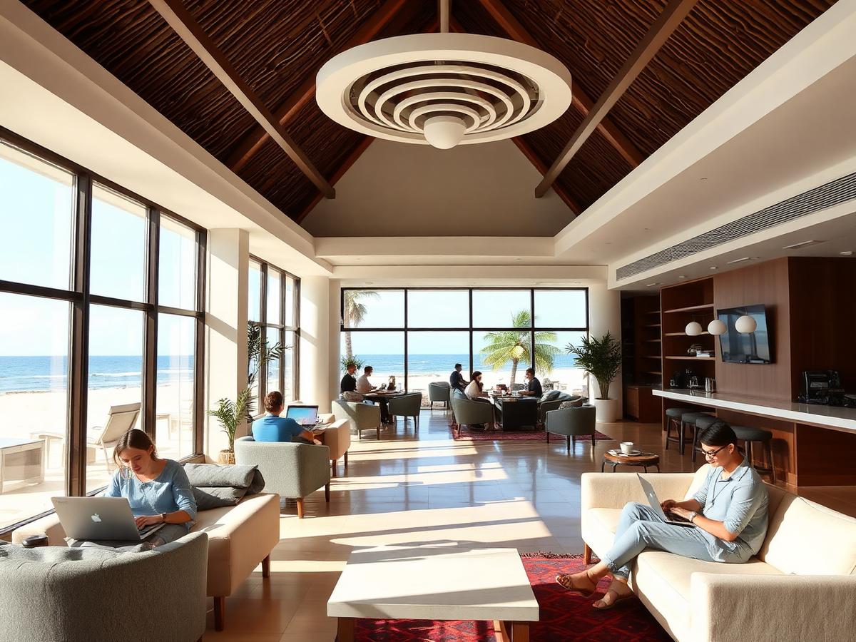 Lobby de hotel à beira-mar com hóspedes conectados via Wi-Fi